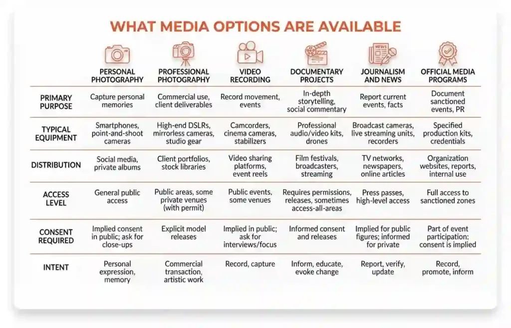 Minimal comparison table graphic showing personal, professional, video, documentary, journalism, and official media options.