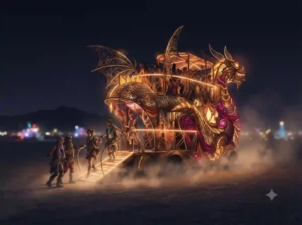 Art & Creativity 6 Decorated mutant vehicle glowing at night on the playa with riders nearby.
