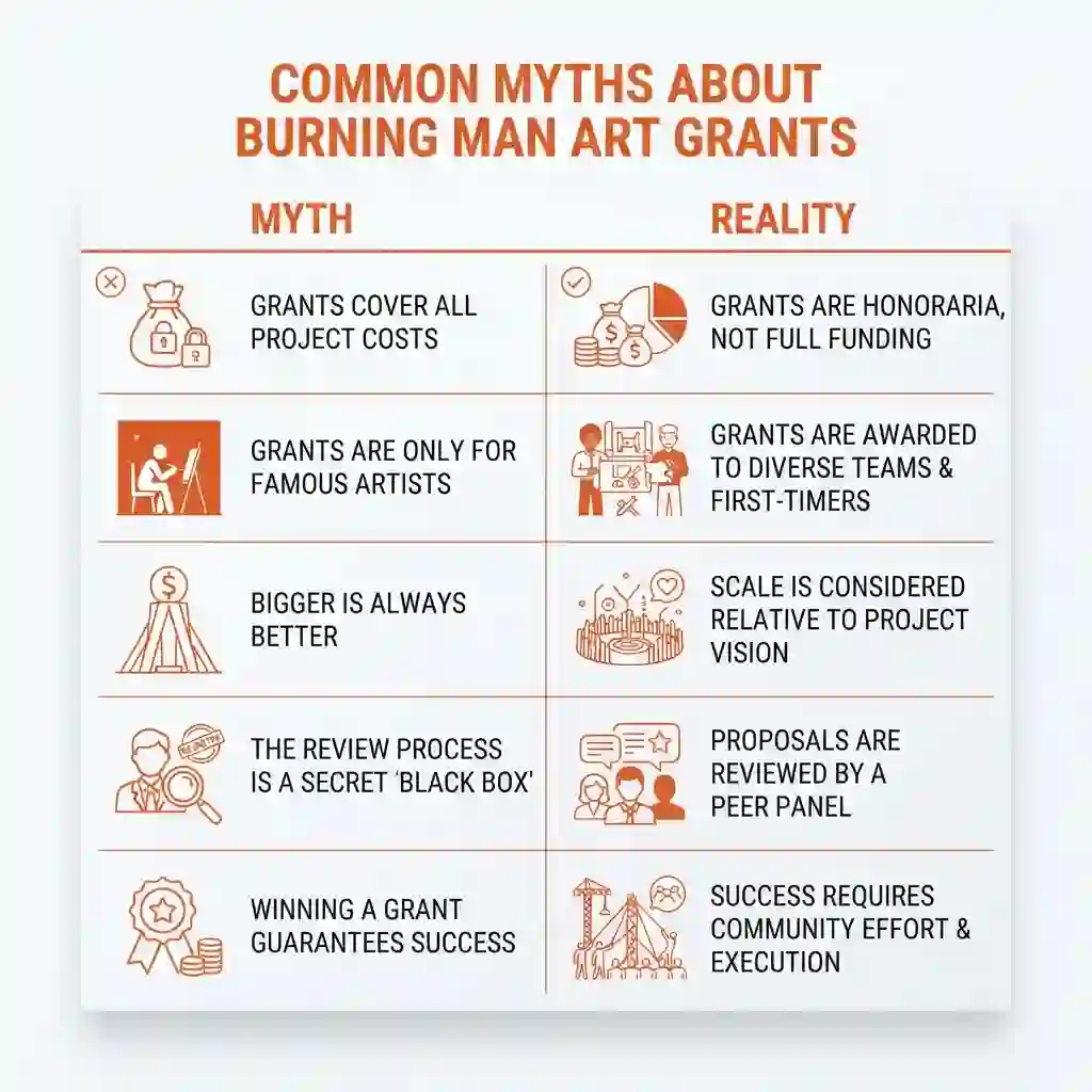 Honoraria Program 10 Infographic correcting common myths about Burning Man art grants and honoraria.