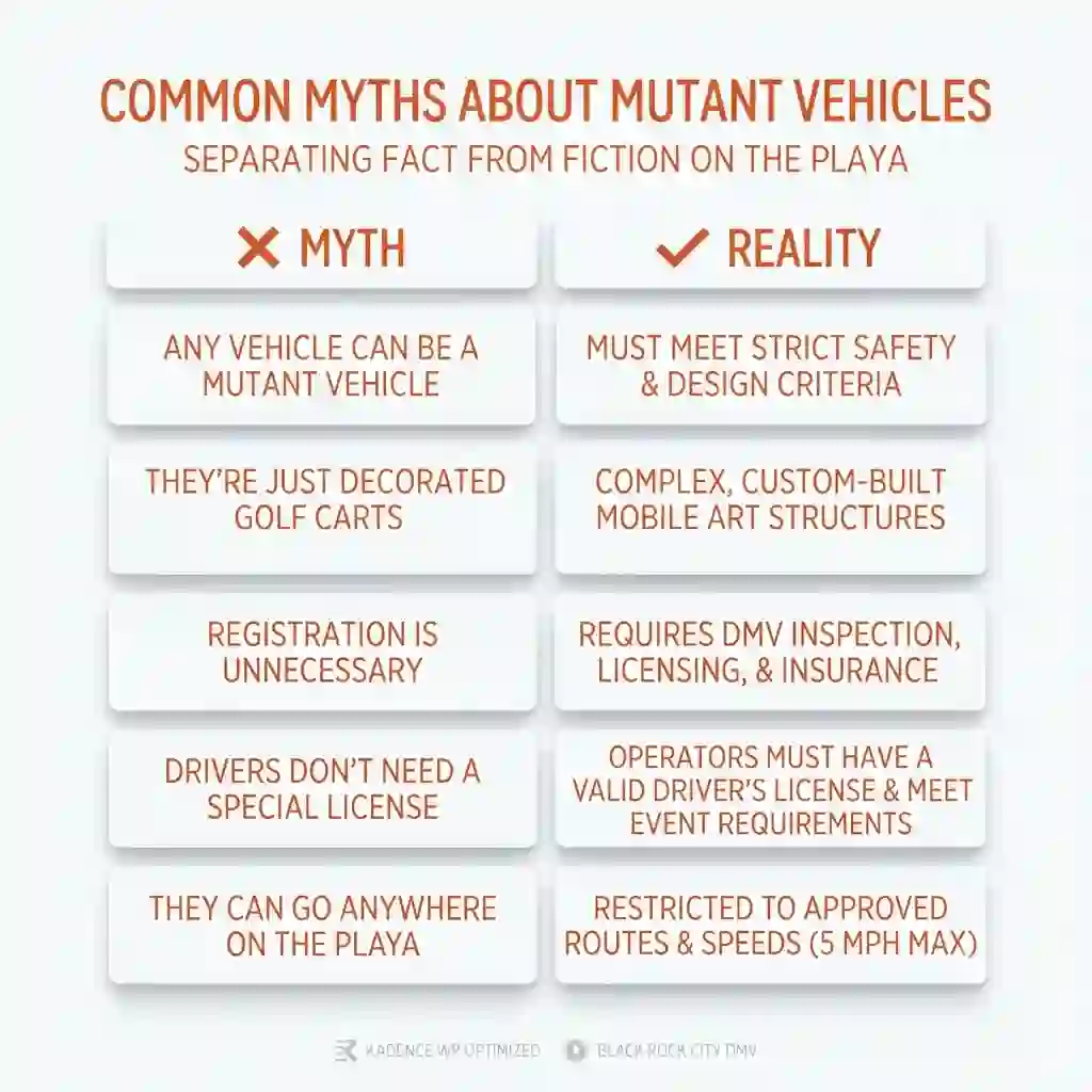 Mutant Vehicles 13 Comparison table correcting common myths about mutant vehicles at Burning Man.
