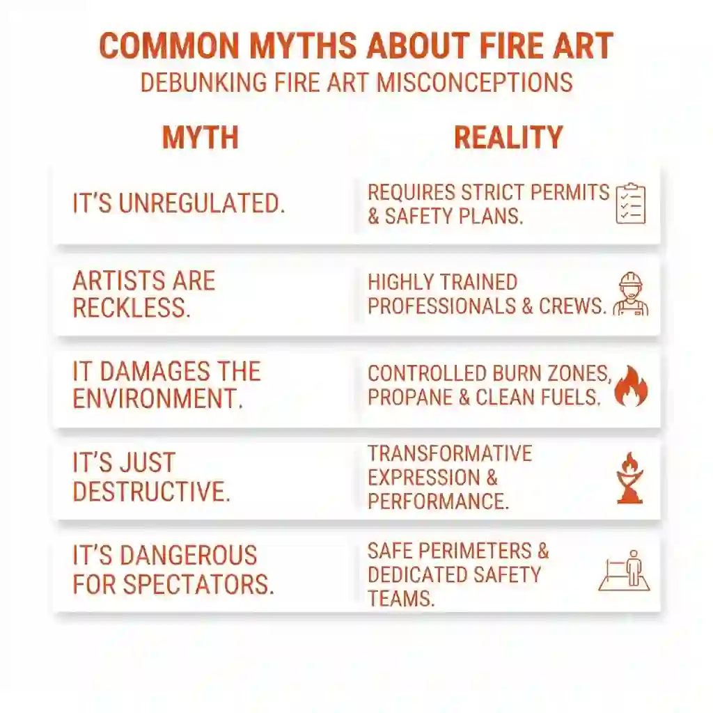 Infographic correcting common myths about fire art at Burning Man.