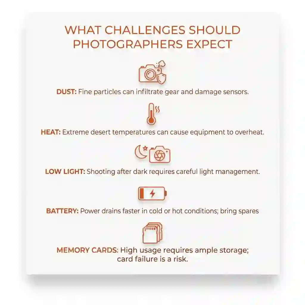 Minimal infographic card showing dust heat light battery and data challenges for photographers on white background.