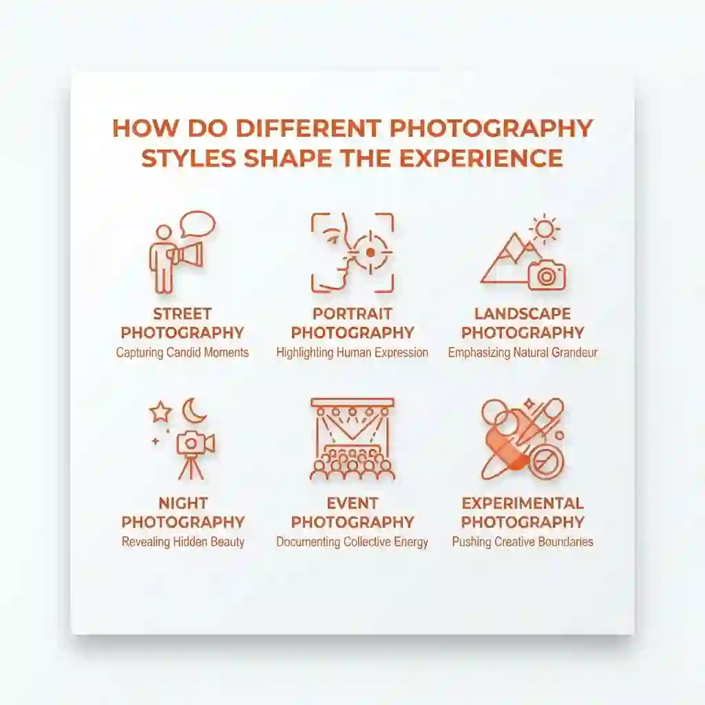 Minimal infographic card showing photography styles at Burning Man with burnt orange icons on white.