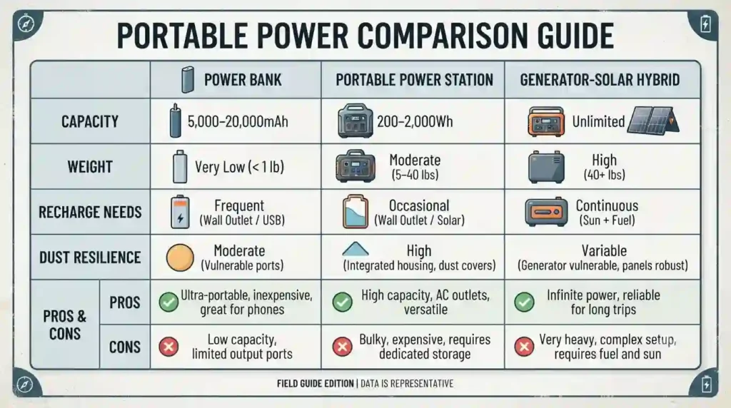 Technology, Power & Communication Guide 6 A comparison matrix showing pros and cons of power banks, portable power stations, and generator-solar hybrid approaches, focusing on capacity, weight, recharge needs, and dust resilience.