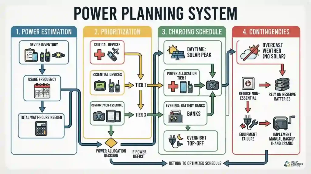 Technology, Power & Communication Guide 5 A flowchart showing estimation, prioritization, charging schedule, and contingencies for a camp’s power plan.