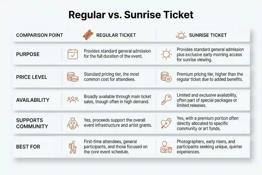 Comparison infographic explaining the differences between Regular and Sunrise Burning Man tickets.
