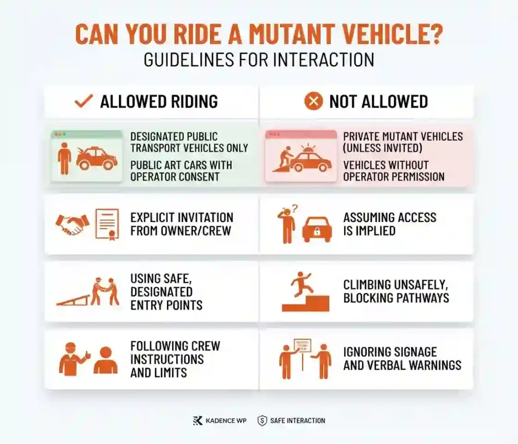 Mutant Vehicles 8 Comparison-style infographic showing ride etiquette, safety, and boarding rules for mutant vehicles.