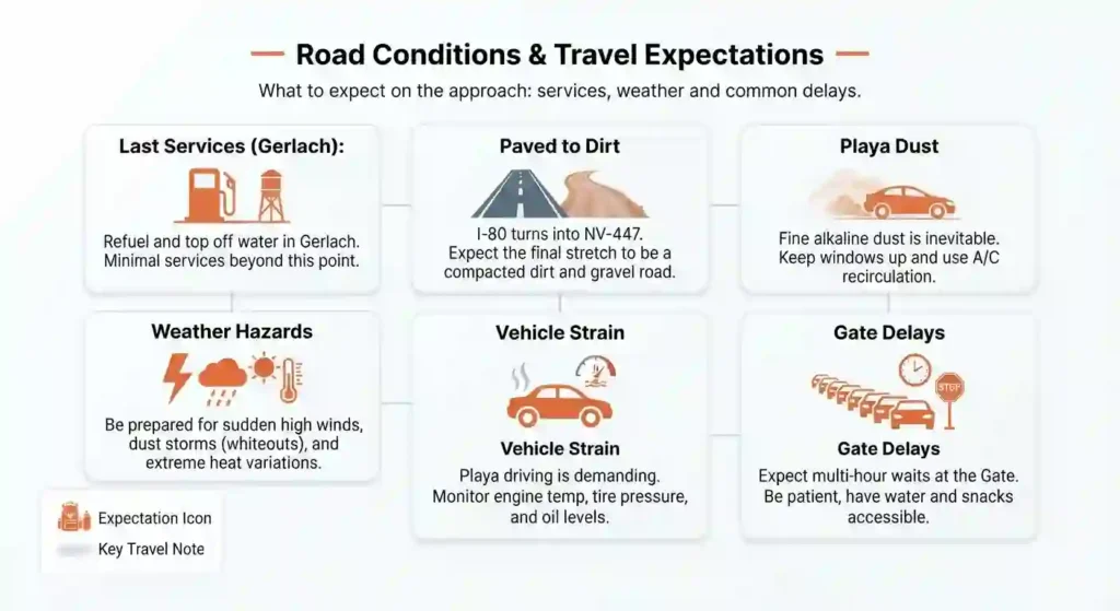 Infographic showing typical road conditions and weather hazards near Black Rock City.