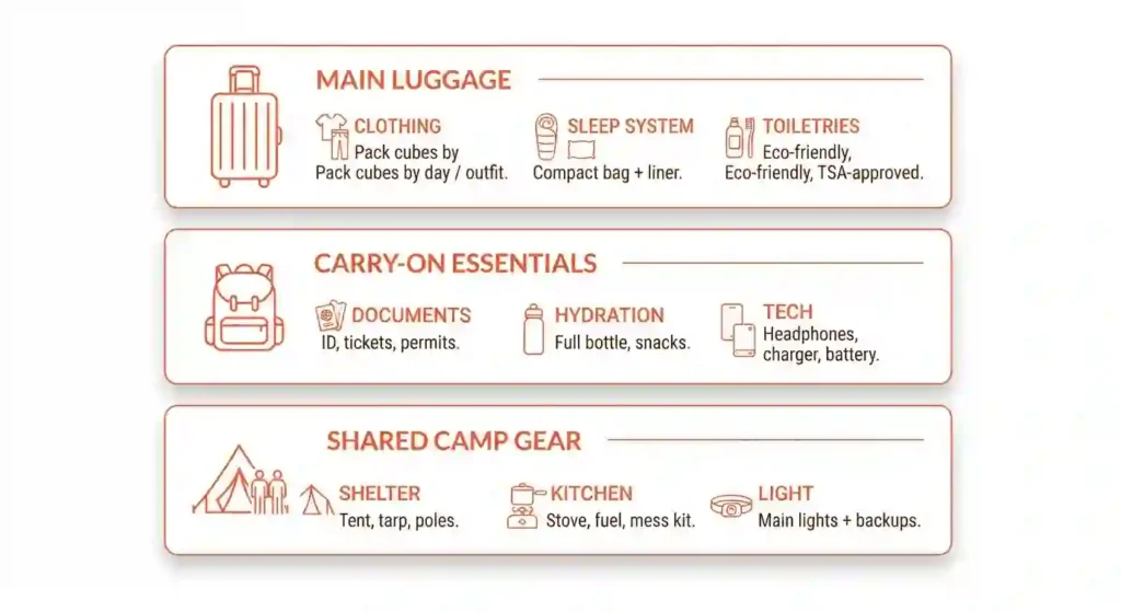 Packing infographic showing carry-on essentials, main luggage, and camp gear grouping.