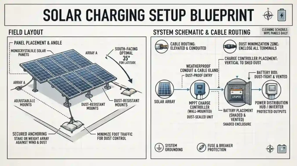 Technology, Power & Communication Guide 7 A layout showing panel placement, angle recommendations, secured anchoring, charge controller, battery placement (shaded), and cable routing while minimizing dust exposure.