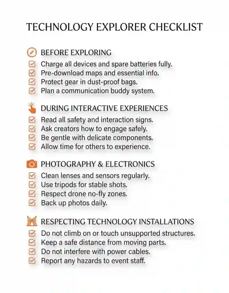 Technology & Innovation 11 Editorial checklist infographic for exploring technology and innovation at Burning Man.