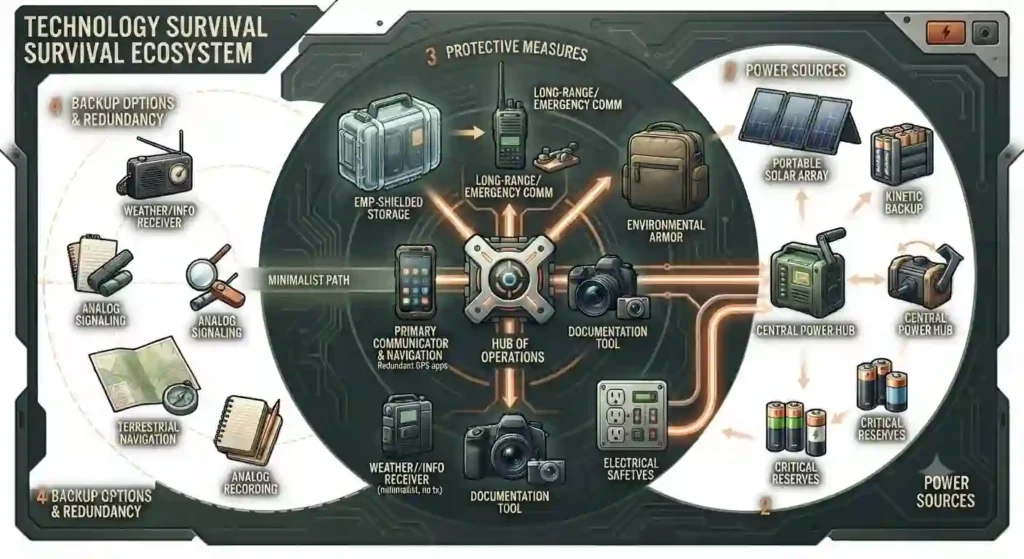 Technology, Power & Communication Guide 2 : A visual map showing device categories (communication, power, documentation), power sources, protective measures, and backup options arranged in a survival ecosystem that emphasizes redundancy and minimalism.