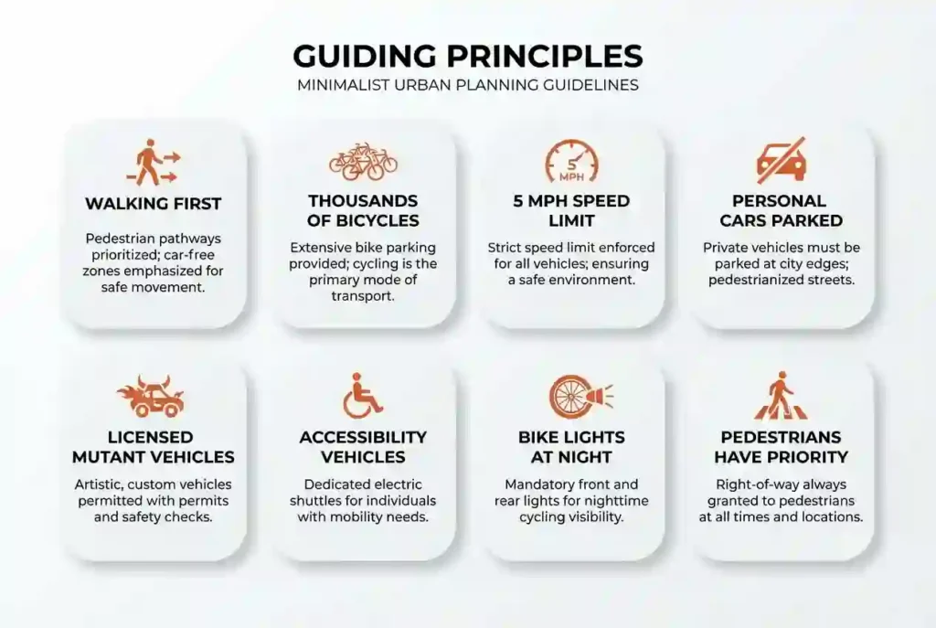 Inside Transportation Guide 9 Infographic showing transportation methods, speed limits, bicycles, mutant vehicles, accessibility vehicles, and safety rules inside Black Rock City.