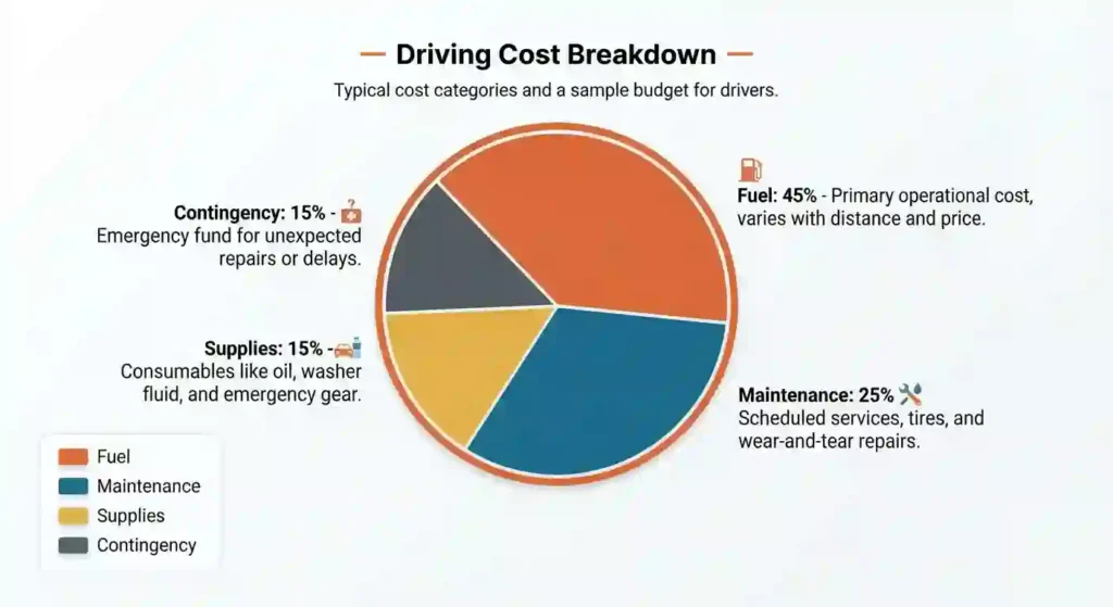  Pie chart showing fuel, maintenance, supplies, and contingency cost distribution.