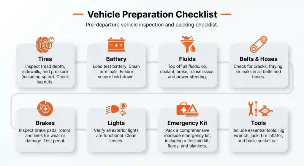 Checklist of vehicle inspection items with icons for tires, battery, fluids, and tools.