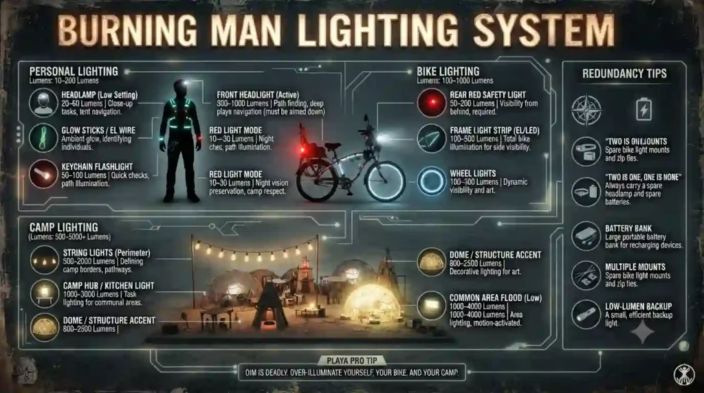 Technology, Power & Communication Guide 8 A layered diagram showing personal, bike, and camp lighting levels, suggested lumens ranges for each, and redundancy tips.