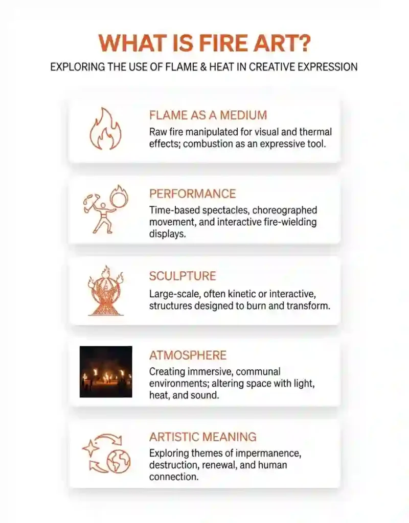 Minimal infographic explaining what fire art is at Burning Man.