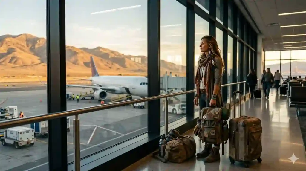 a female burner with full prepared lagguage waiting at airport