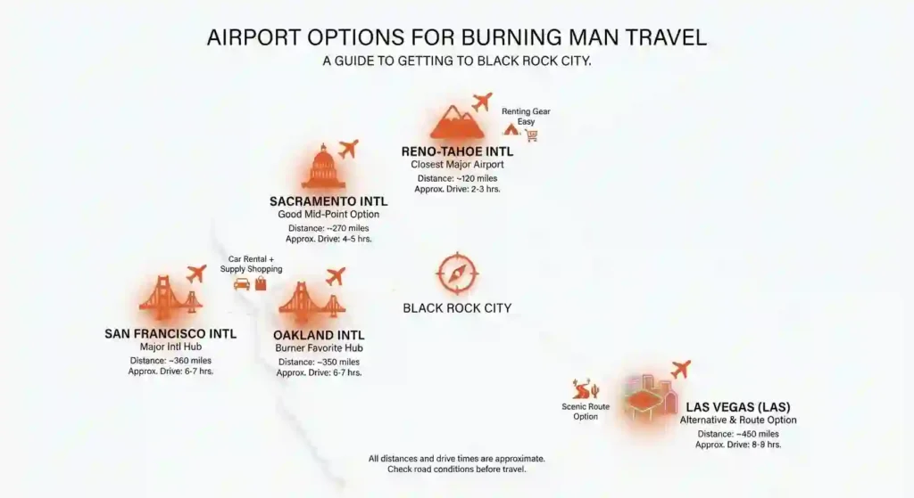 burning man airport options for global attendees
