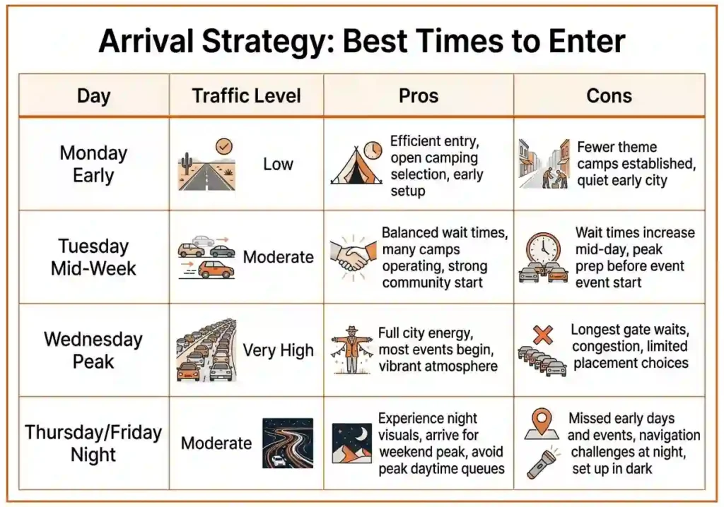best arrival strategy for burning man gate