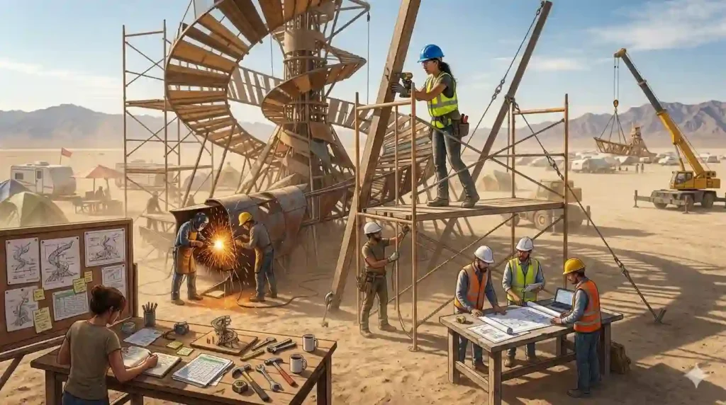 art installation work flow at burning man playa