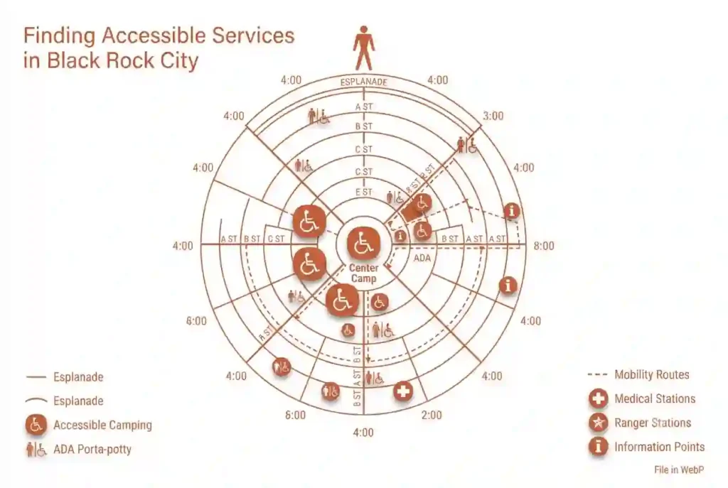 Simplified map highlighting ADA facilities and accessible services throughout Black Rock City.