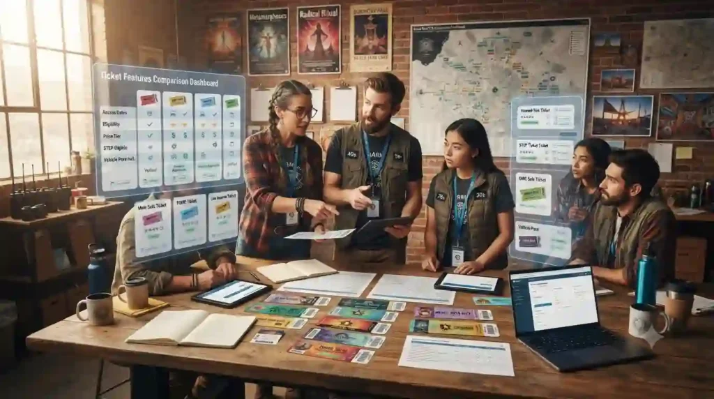 Burning Man staff comparing different ticket types and explaining ticket categories.
