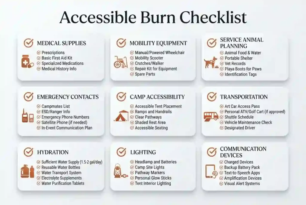 Checklist infographic helping first-time participants prepare for an accessible Burning Man experience.