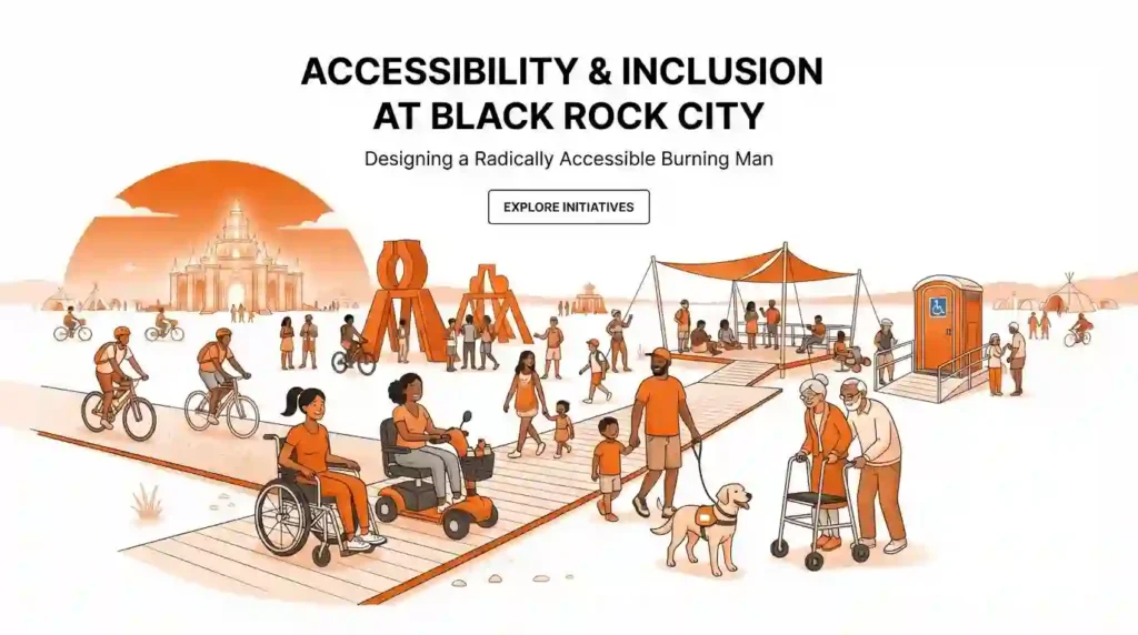 Inclusive editorial illustration showing diverse participants enjoying Black Rock City with wheelchair users, mobility scooters, families, service animals, bicycles, art installations, and accessible pathways.