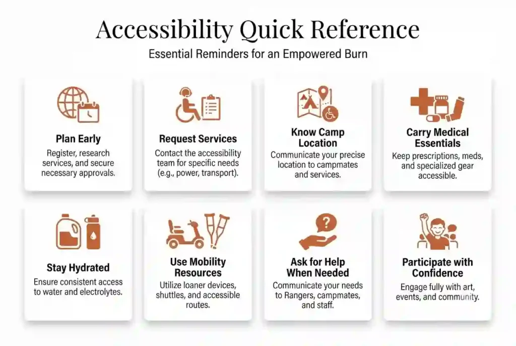Quick reference infographic summarizing key accessibility tips for Burning Man participants.
