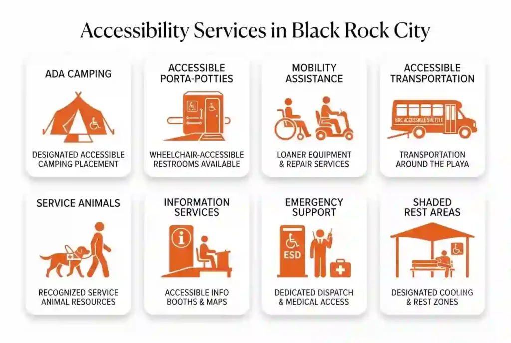 Infographic summarizing accessibility services available throughout Black Rock City.
