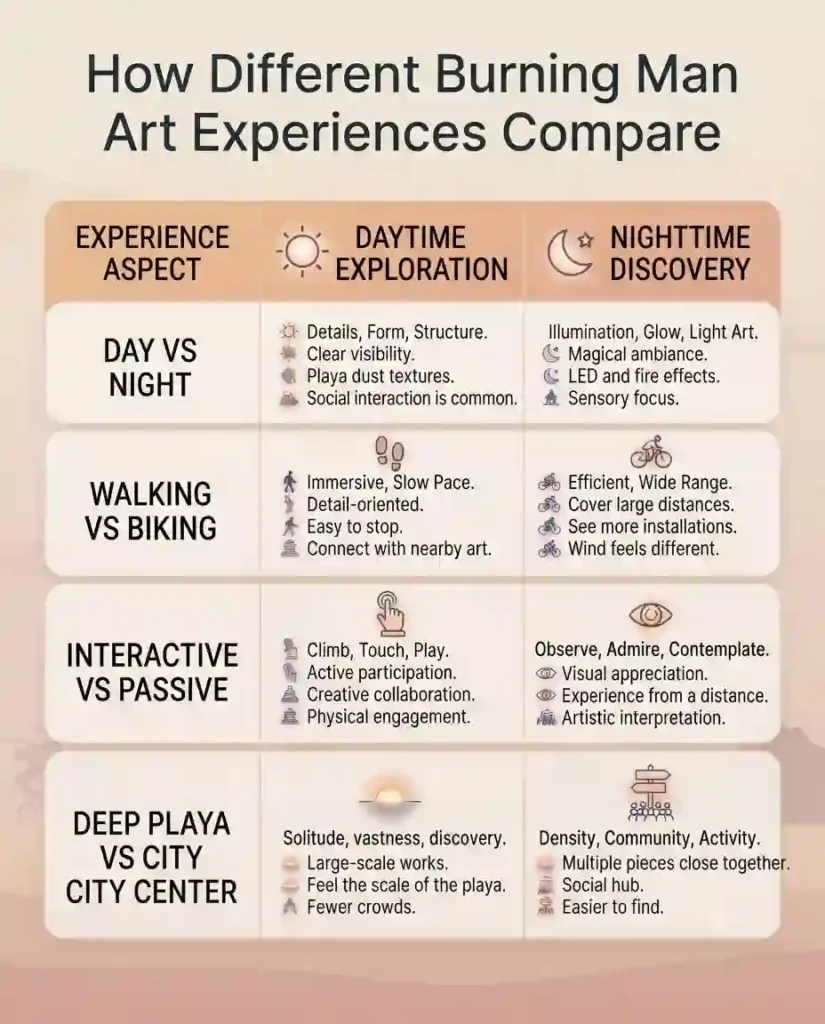 Art & Creativity 5 Comparison table showing different ways to experience Burning Man art.