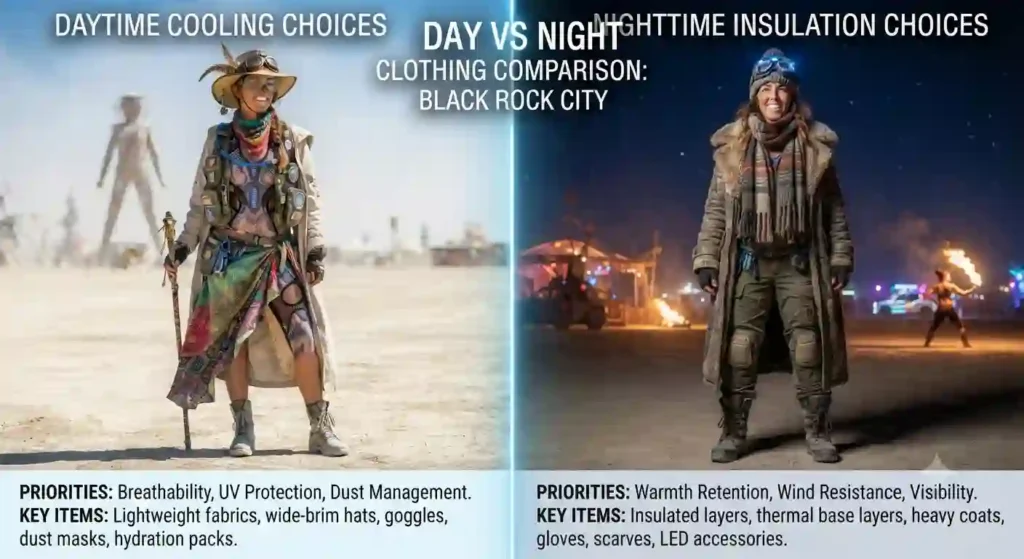 burning man day vs night clothing comparison pictures