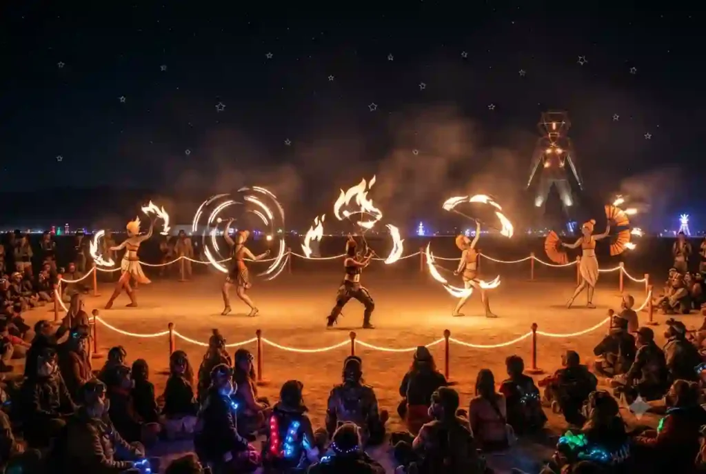 Illustration of Burning Man fire art performances featuring fire dancers, poi artists, and audience members watching safely on the playa.