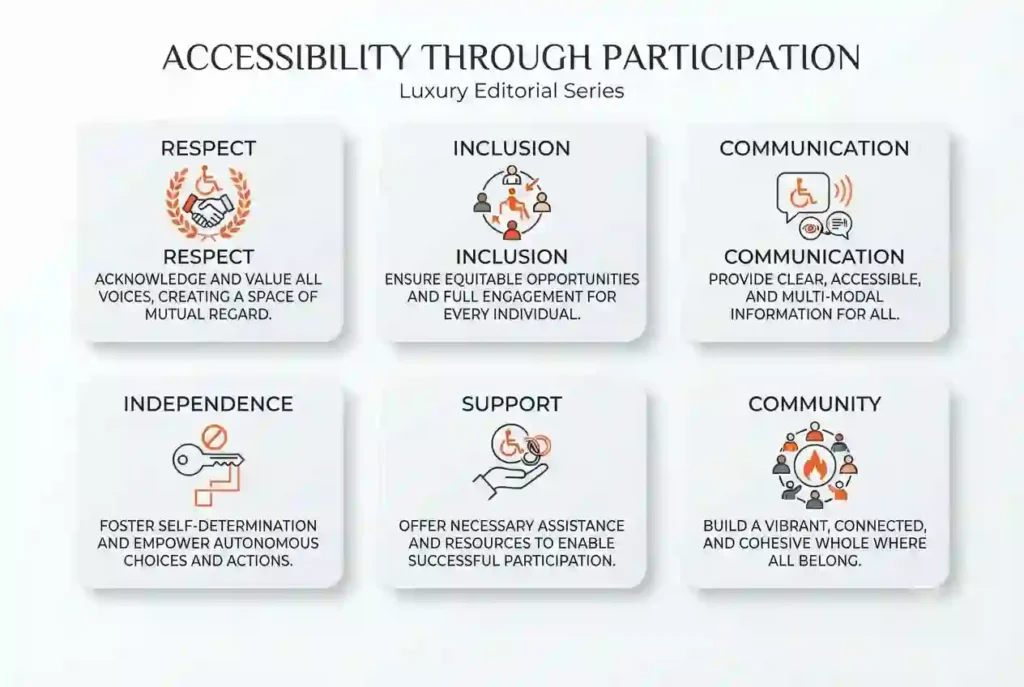 Editorial cards highlighting the principles of accessibility and inclusion at Burning Man.