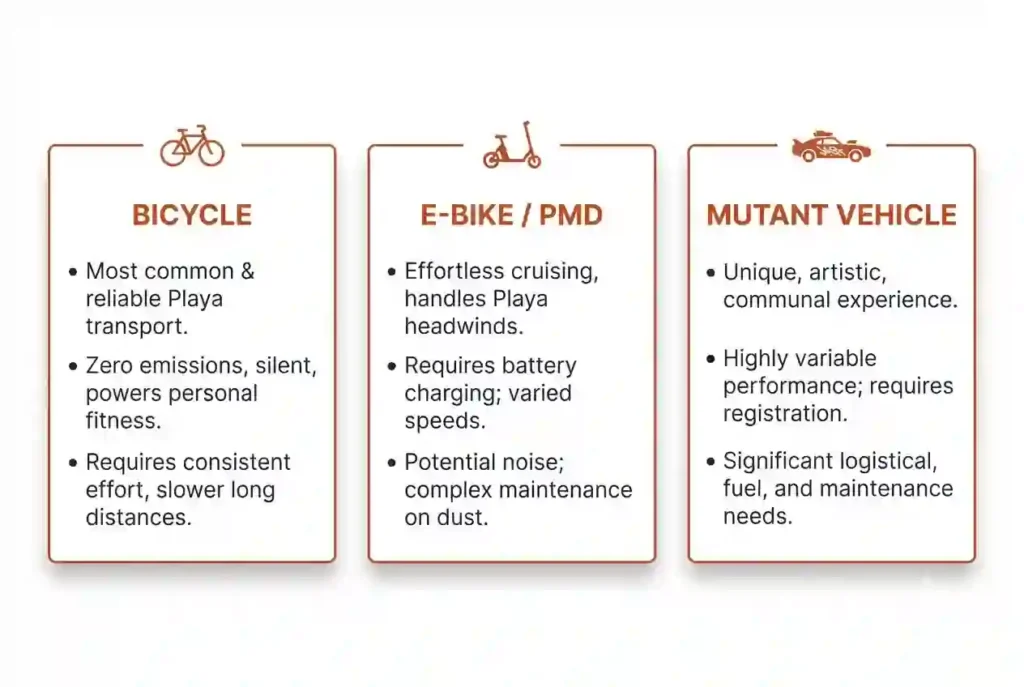 Inside Transportation Guide 3 Three card comparison of bicycle, e‑bike, and mutant vehicle summarizing pros and cons.