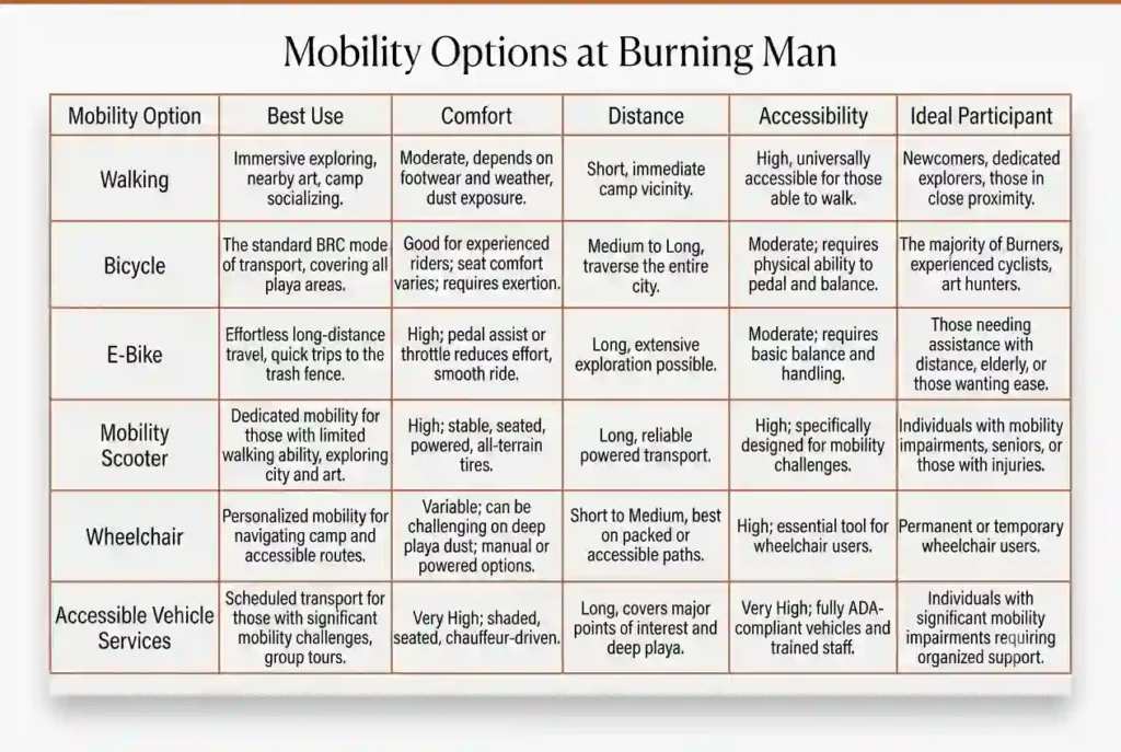Comparison table showing different mobility options available at Burning Man.