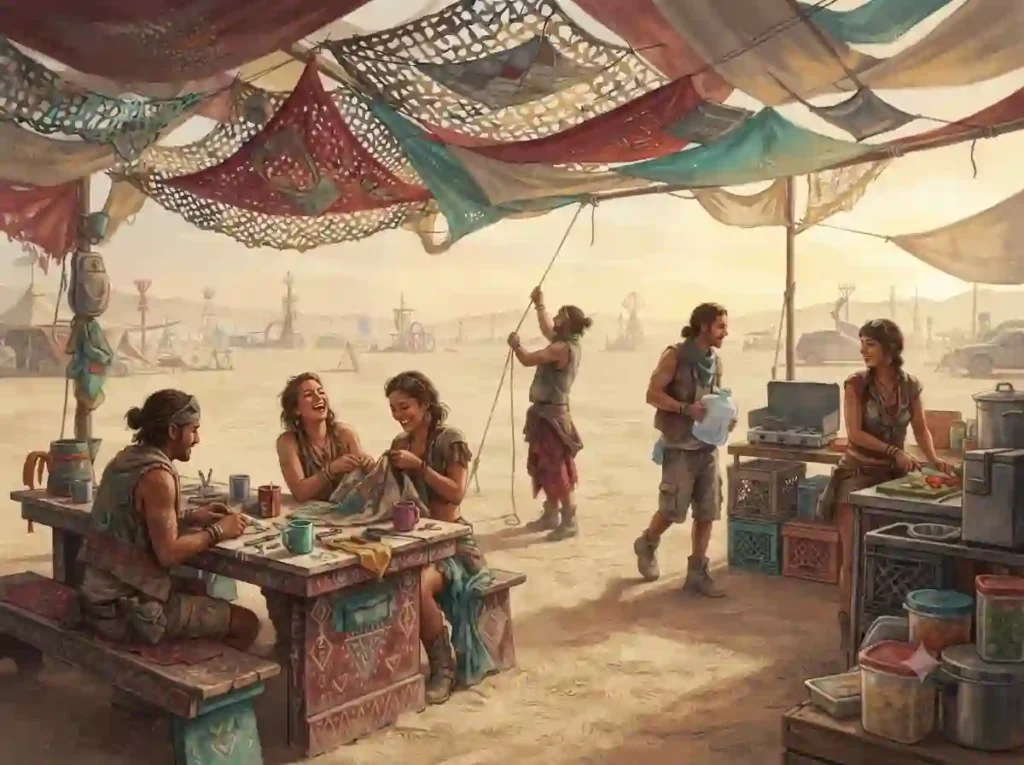 burning man villages camp daily routine view