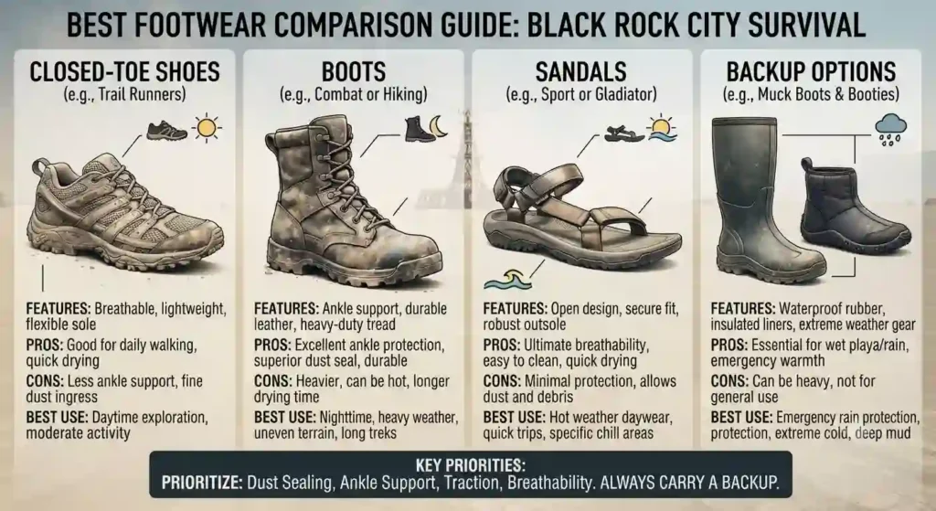 burning man black rock city shoe comparison table 