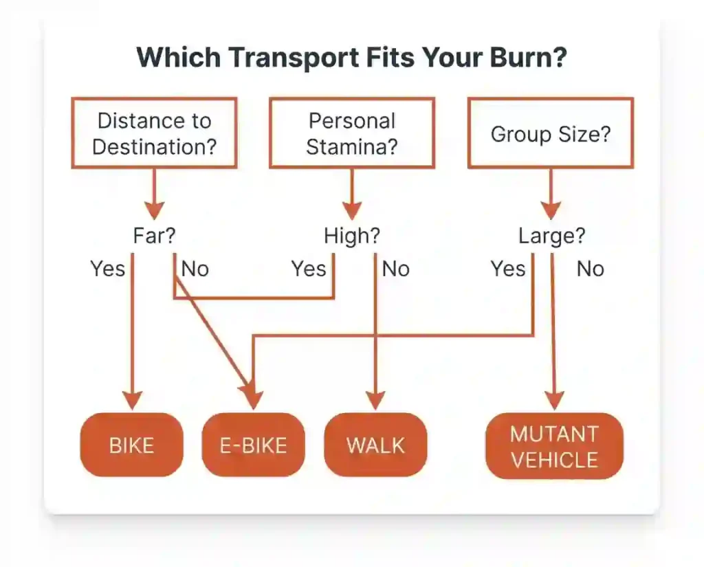 Inside Transportation Guide 4 Three card comparison of bicycle, e‑bike, and mutant vehicle summarizing pros and cons.