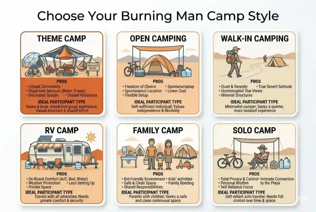 infographic explaining why camp safety is important at Burning Man using burnt orange icons on a white background.