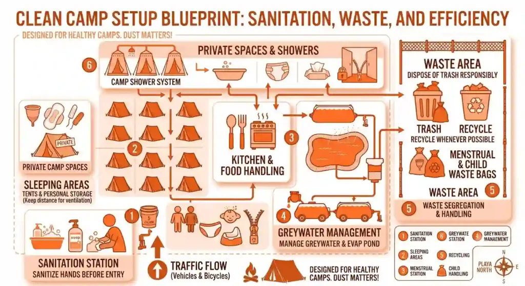 A visual showing daily routines, sanitation stations, resource use, and camp discipline for burning man campsite