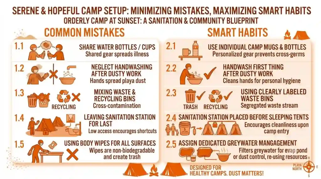 A before-and-after style visual showing common sanitation mistakes and better alternatives for burning man campsite