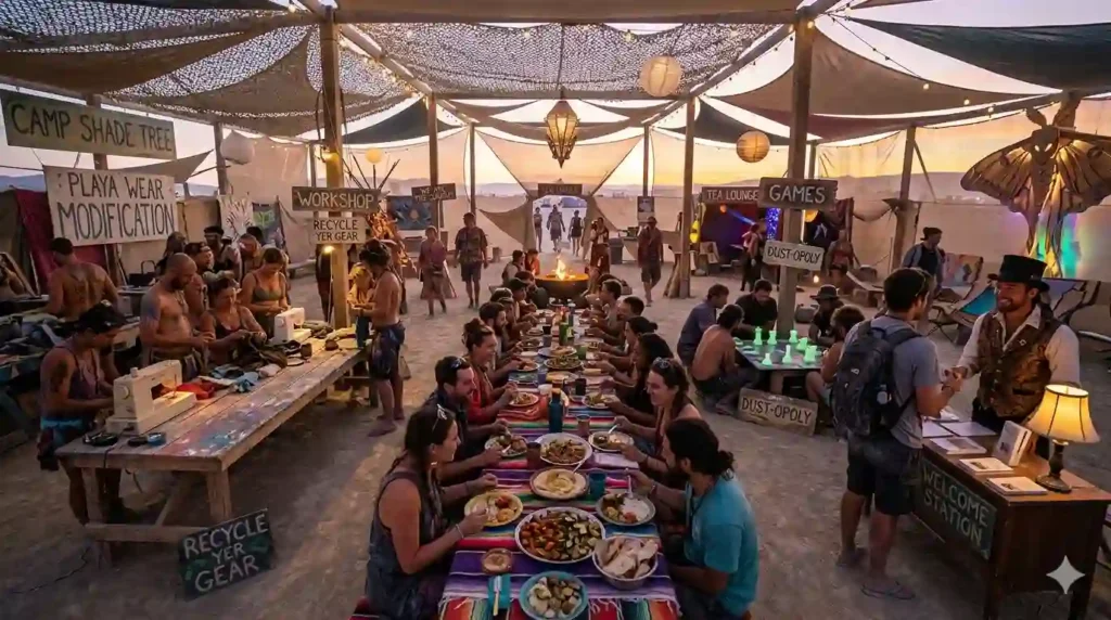 community meals at burning man shared camp view