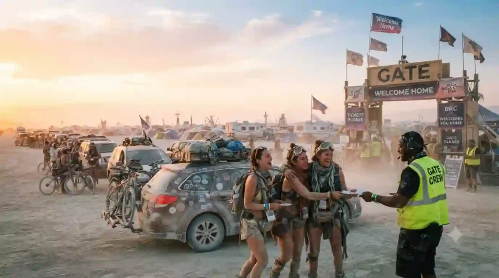 Burning Man participants arriving at the Black Rock City Gate with official tickets and vehicle passes during sunrise.