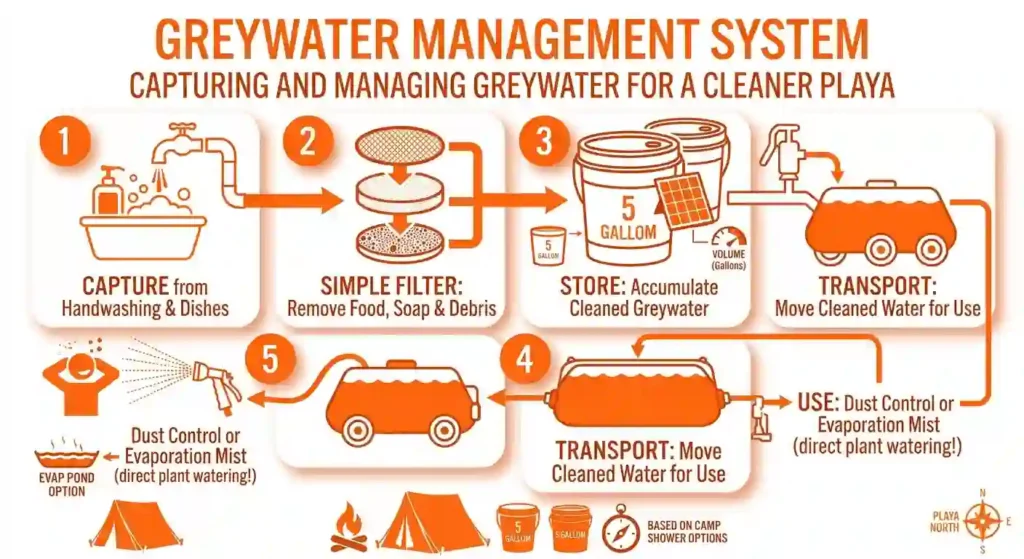 A step-by-step visual showing collection, containment, handling, and compliant disposal planning for burning man