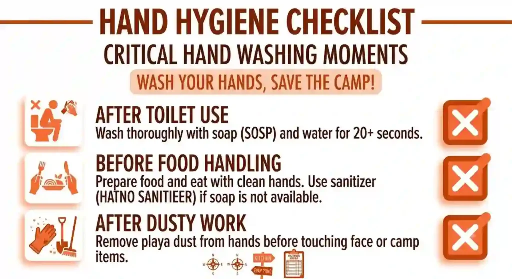 A clear visual showing when to wash, sanitize, and clean hands during the day at burning man