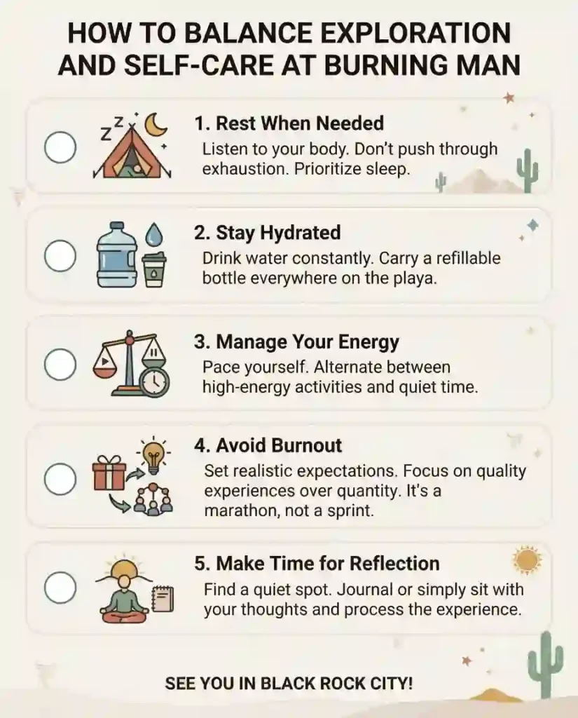 Activities & Experiences 8 Checklist infographic for balancing exploration and self-care while at Burning Man