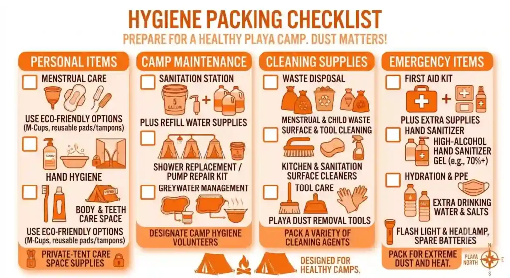 A visual checklist showing personal items, camp cleaning supplies, wipes, and backup kit essentials for burning man campsite