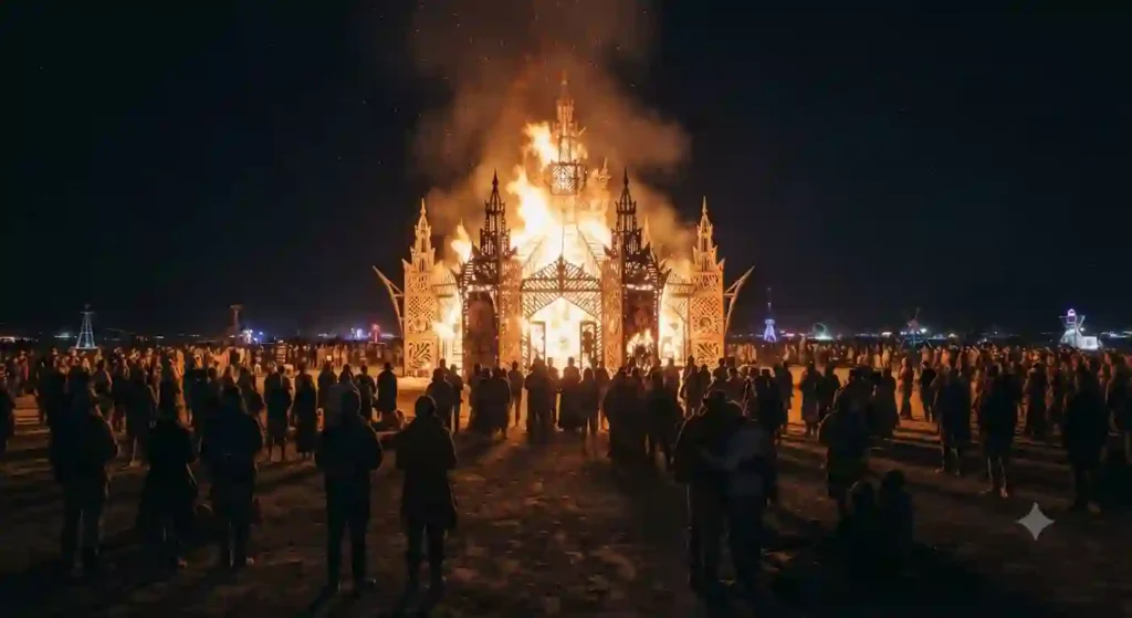Temple Guide 6 iconic temple burn scene at burning man black rock city playa